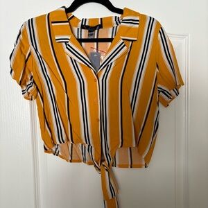 Striped Yellow Tie-Front Collared Top